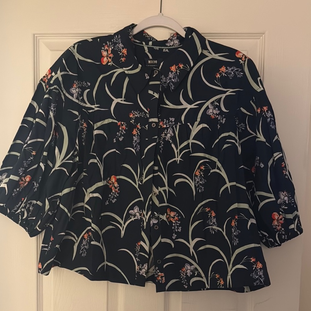 Mango Navy Floral Button-Front Blouse